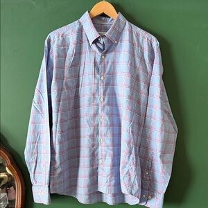Peter Millar Mens L Blue & Pink Plaid 100% Cotton Shirt Lightweight Classic